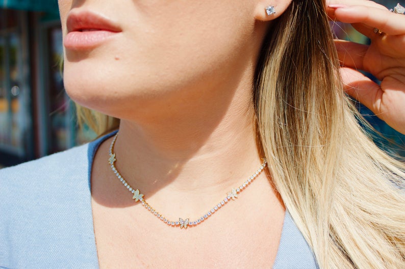 Pavé Butterfly Charm Tennis Choker Necklace